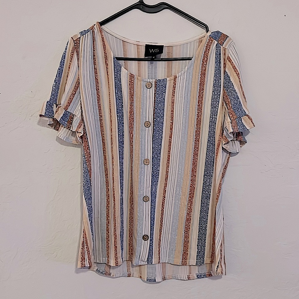 Women’s W5 size medium striped flowy blouse with button decals